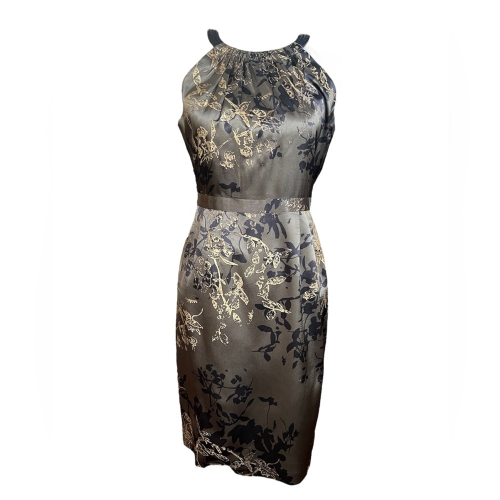 Tahari Olive Green, Gold and Black Sheath Dress, Midi, Racerback - Picture 3 of 9